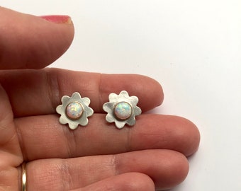 Handmade Silver and Gold Opal Daisy Studs