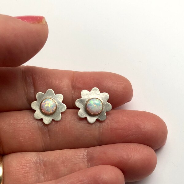 Handmade Silver and Gold Opal Daisy Studs