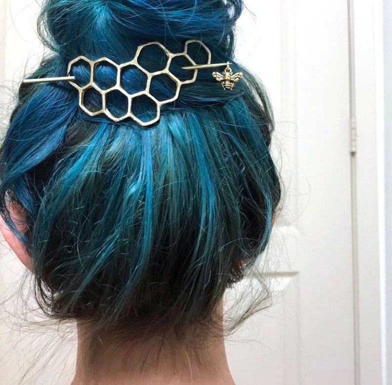 Handmade Large Brass Honeycomb Handmade Hair Bun Slide Pin with Dangling Bee Hair Twist Bun Pin image 2