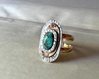 Topographic Cocktail Ring with Turquoise in 14k Goldfill and Sterling Silver handmade sculptural one of a kind