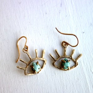 HANDMADE Gold Turquoise Beholder Eye Dangle Earrings image 2