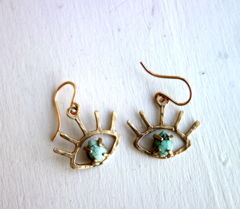 HANDMADE Gold Turquoise Beholder Eye Dangle Earrings image 2