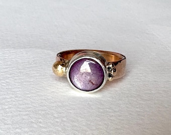 14k Rose and Yellow Gold Statement Ring with 10mm Mysore Ruby in Sterling Silver Bezel