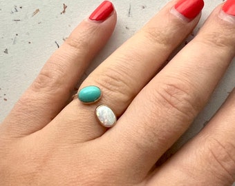 Opal and Turquoise Mermaid ring Two Toned Mixed Metal Open Topped Ring