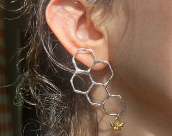 Handmade Honeycomb Oversized Studs in Sterling Silver with Dangling Bee