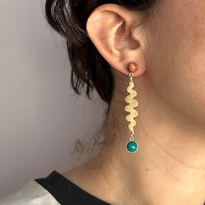 Squiggle Earrings with Chrysocolla and Goldstone in brass and 14k gold filled stud dangle party earrings