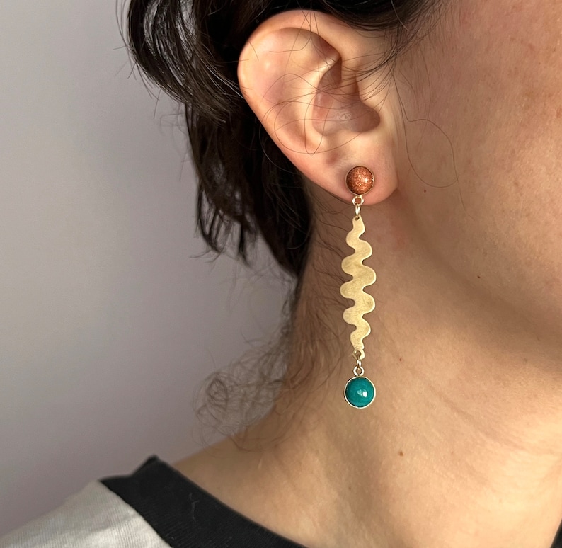 Handmade Squiggle Earrings with Chrysocolla and Goldstone in brass and 14k gold filled stud dangle party earrings image 1