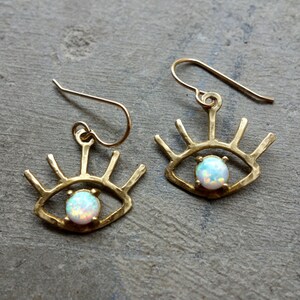 Handmade The Beholder Earrings: Gold and Opal Eye Earring Dangle Drops image 3