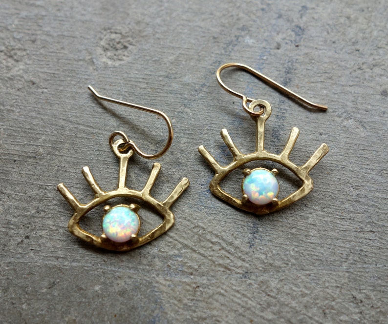 Handmade The Beholder Earrings: Gold and Opal Eye Earring Dangle Drops image 3