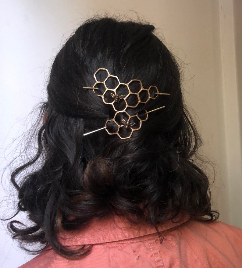 Hair Clip Bun Pin Mini Honeycomb Brass Handmade Hair Bun Slide Pin // hair clip // hair barrette // pony tail holder bridesmaid hair bridal image 10