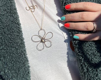 Handmade Doodle Flower Pendant in 14k Goldfill with 6mm lavender moon quartz on long 24" goldfilled rope chain