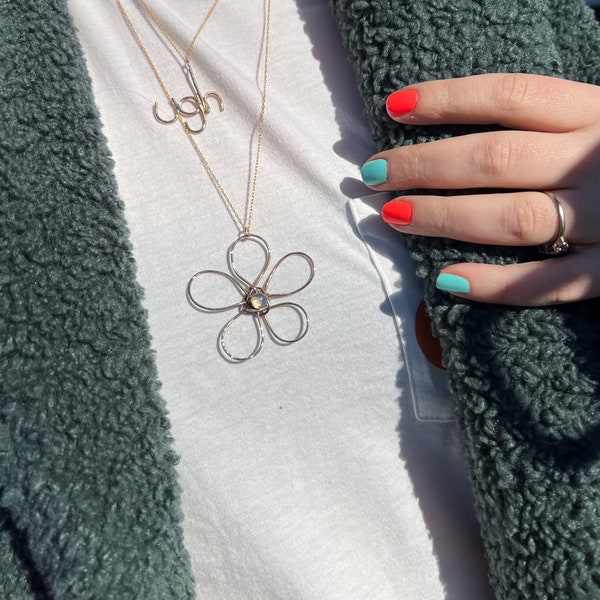 Handmade Doodle Flower Pendant in 14k Goldfill with 6mm lavender moon quartz on long 24" goldfilled rope chain