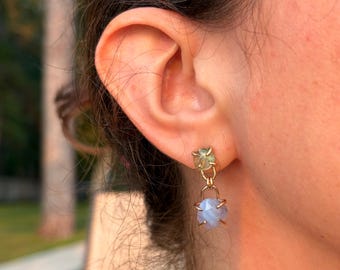 Emerald and Chalcedony 14k gold-filled Linked Prong Stud Handmade Earring Green and Blue