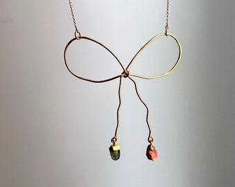 Big Statement Bow Necklace with Rough Gemstones Dangling in 14k goldfill and sterling silver