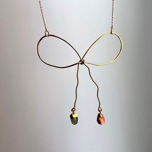 Handmade Big Statement Bow Necklace with Rough Gemstones Dangling in 14k goldfill and sterling silver