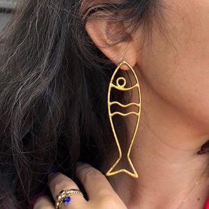 Handmade Giant Brass Sardine Stud Dangle Earrings