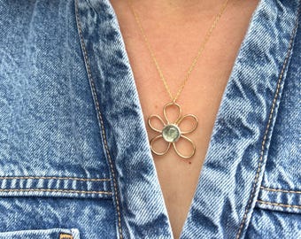 Emerald Daisy Pendant in 14k Goldfill and Sterling Silver Handmade One of a Kind