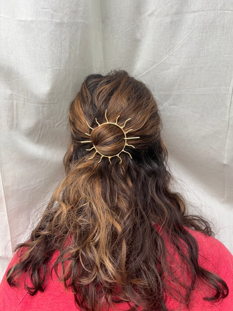 Sunburst Hair Pin Handmade Solid Brass Hair Slide Bun Pin Bridal Hair Special Occasion Hairclip hippie hair style rachel pfeffer original image 9