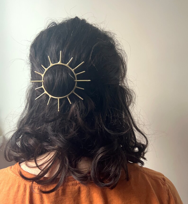 Sunburst Hair Pin Handmade Solid Brass Hair Slide Bun Pin Bridal Hair Special Occasion Hairclip hippie hair style rachel pfeffer original image 5