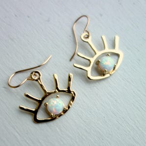 Handmade The Beholder Earrings: Gold and Opal Eye Earring Dangle Drops image 5
