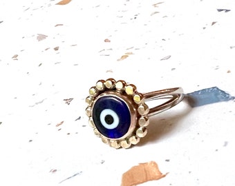 Evil Eye Ring Handmade 14k Goldfill and Sterling Silver Beaded Blue Glass Turkish Eye Ring