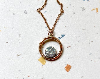 White Druzy Drusy Halo Pendant in 14k Gold Filled Handmade Circle Hammered Round Bridal Layering Pendant Necklace