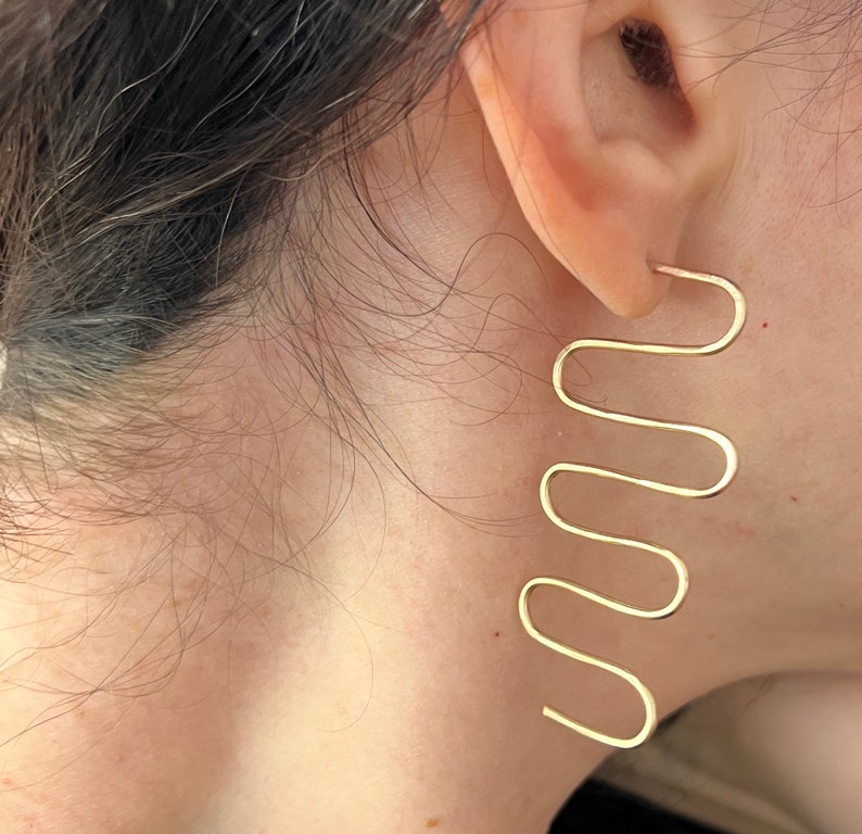 Handmade Back and Forth 14k Gold Fill Geometric Squiggle Stud Statement Dangle Earrings image 4