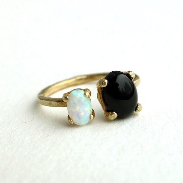 Brass Dual Stone Ring- Opal and Onyx