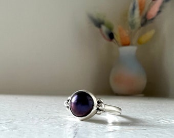 Funky Black Pearl in Sterling Silver Handmade Setting with Silver Pebbles in Bezel