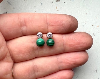 Handmade Malachite Pop Studs with Bright Pink CZ in 14k Gold Fill