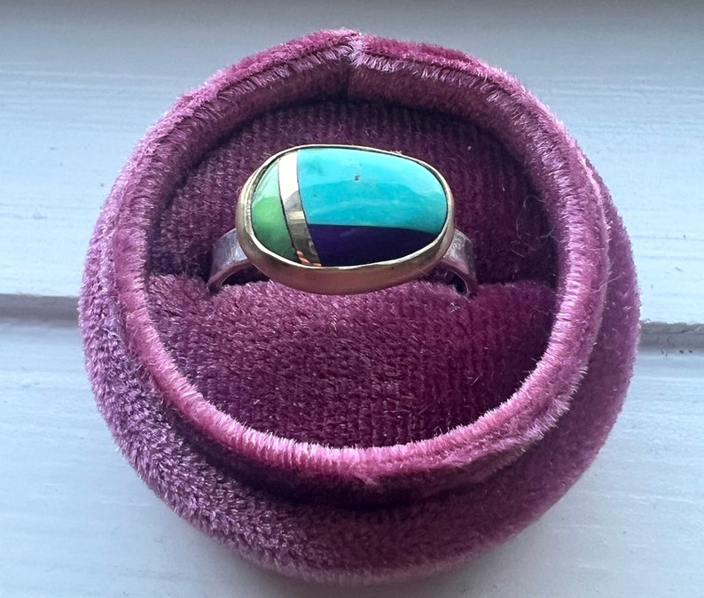 Handmade Mixed turquoise and gold art stone bezel set 14k gold and silver ring image 3