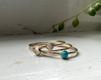 14k Gold Filled Stacking Teeny Stone Rings 3mm with Turquoise // moonstone // opal