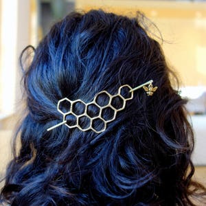 Large Brass Honeycomb Handmade Hair Bun Slide Pin with Dangling Bee Hair Twist Bun Pin image 6