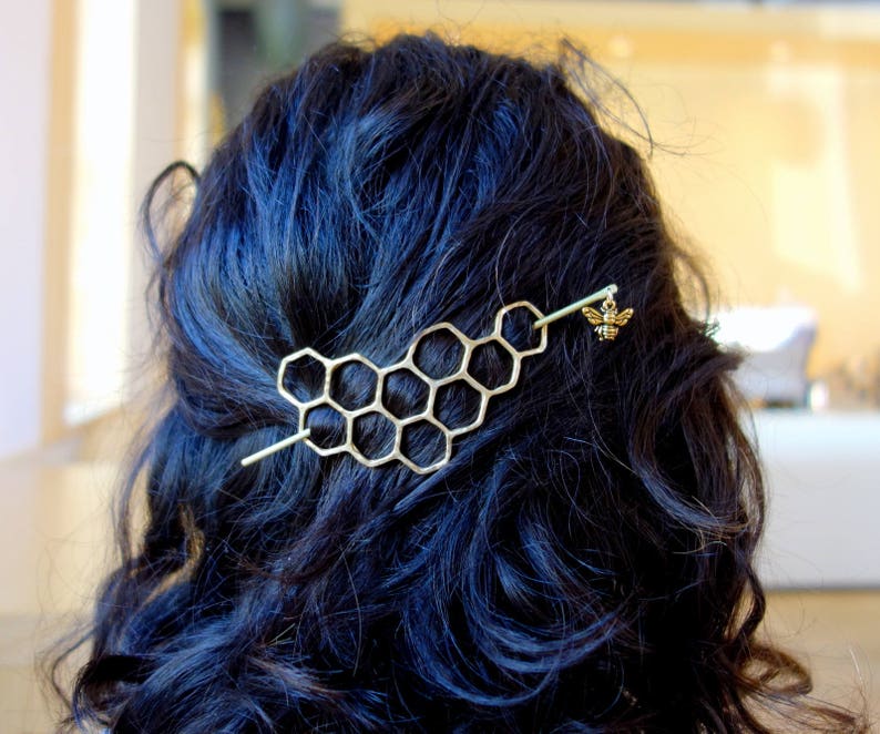 Large Brass Honeycomb Handmade Hair Bun Slide Pin with Dangling Bee Hair Twist Bun Pin image 6