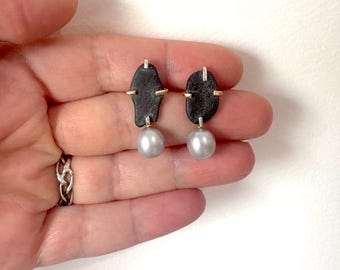 Rock and Pearl Prong Studs Handmade Statement Earrings Maine Stones