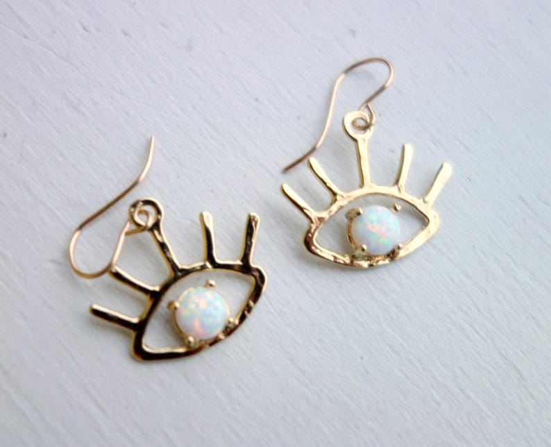 Handmade The Beholder Earrings: Gold and Opal Eye Earring Dangle Drops image 6