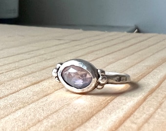 Pale Pink Rose cut Tourmaline in Sterling Silver Beaded Ring