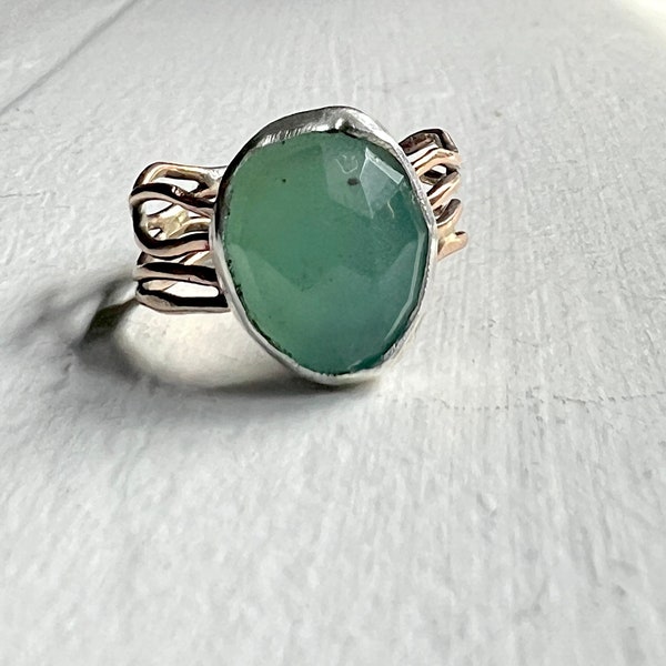 Handmade Chalcedony cocktail Ring in Sterling Silver Bezel on 14k Goldfill Twiggy Wide Band One of a Kind silver and gold aqua teal colored