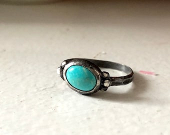 Black Silver Ring with Oval Turquoise with Beaded Accents