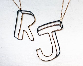 Custom 3D Illusion Wire Initial Pendant on Long Chain in 14k Gold Filled and Sterling Silver