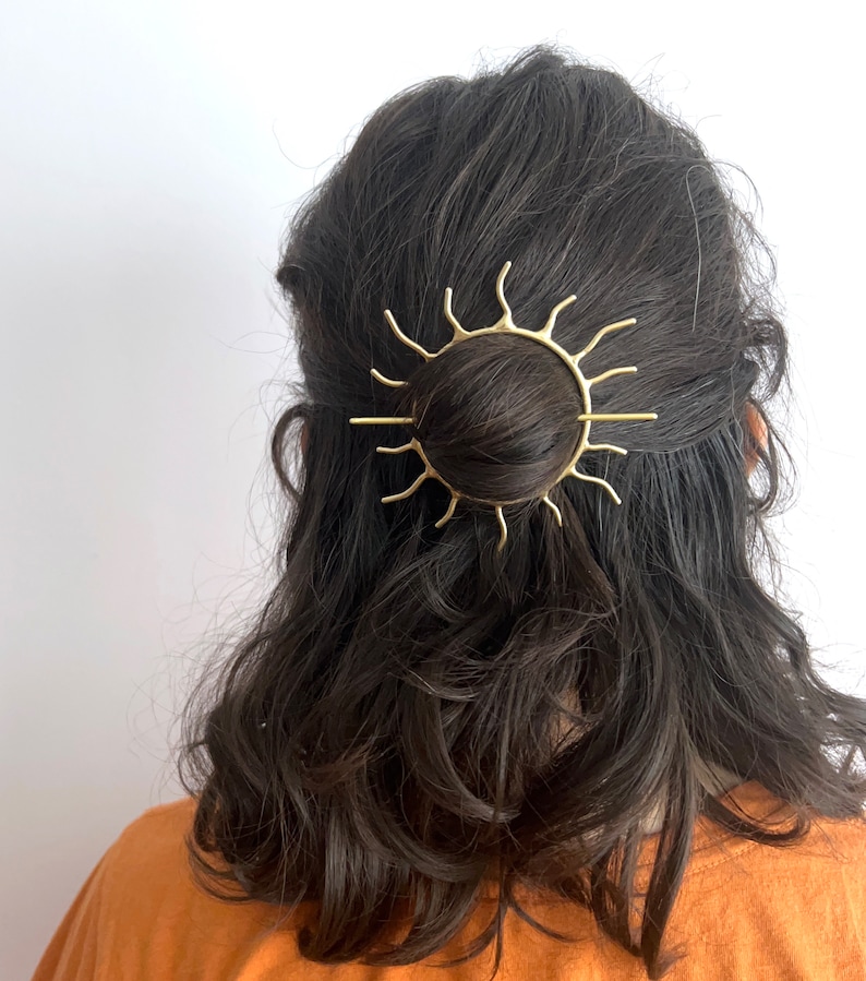 Handmade Sunburst Hair Pin Handmade Solid Brass Hair Slide Bun Pin Bridal Special Occasion Hairclip style rachel pfeffer original image 2