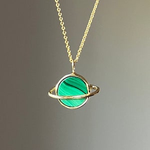 Malachite and Gold Saturn Pendant Handmade Space Astronomy Planetary Solar System necklace