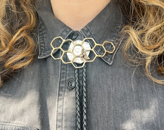 Big honeycomb bolo necklace bolo tie honey bee handmade one of a kind