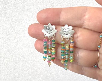 Happy Cloud Flower Opal Fringe Studs
