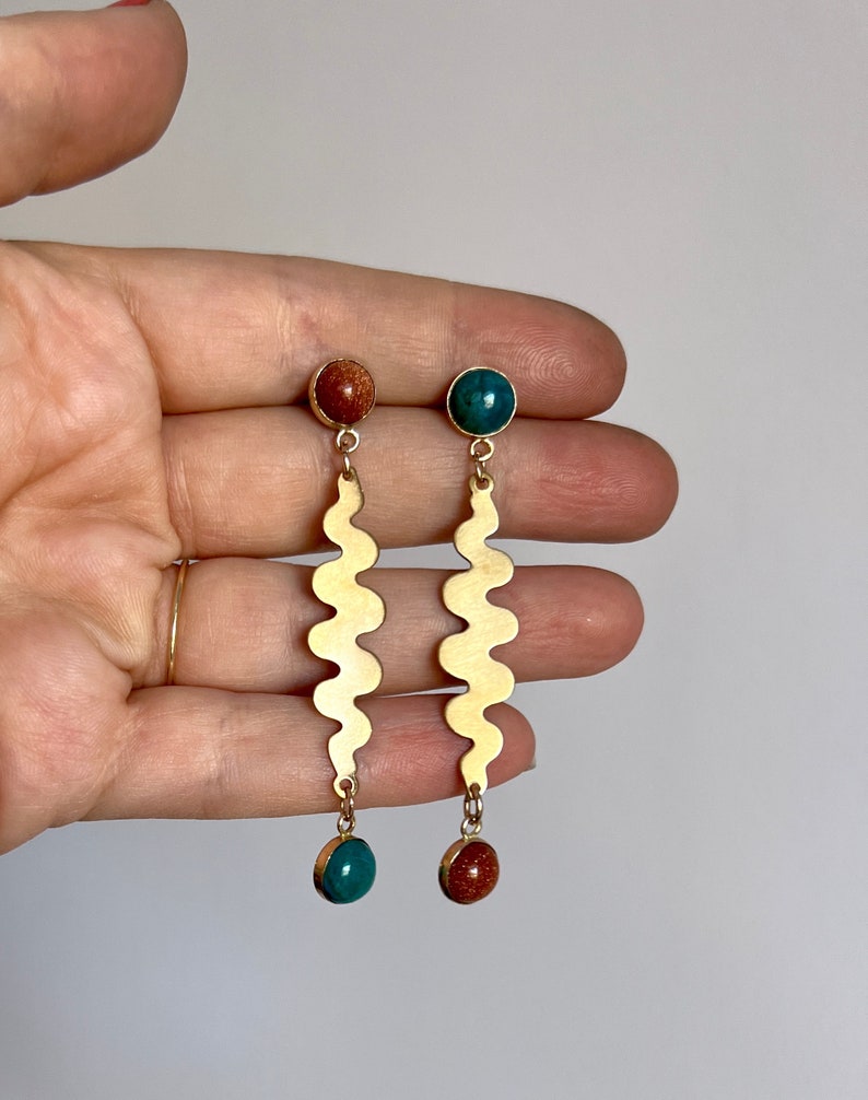 Handmade Squiggle Earrings with Chrysocolla and Goldstone in brass and 14k gold filled stud dangle party earrings image 4