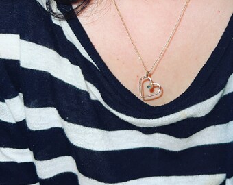 Solid Rose Gold Valentine's Day Heart Pendant on 14k Yellow Gold Chain with Blue Diamond