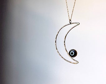 Handmade Handmade 14k Goldfilled Moon Pendant with Turkish Blue Glass Eye on Long 24" Goldfilled Chain