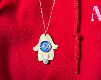 Handmade Big Evil Eye Hamsa Necklace with blue glass evil eye and pearl