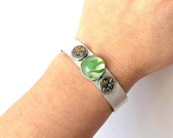 Upcycled vintage sterling silver cuff with marble and druzy