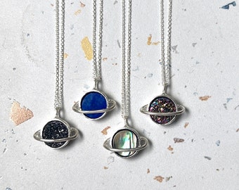 Handmade Sterling Silver or Gold Saturn Pendants with abalone, lapis, druzy